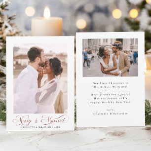 Red Merry & Married Modern Elegant Script 2 Photo  Holiday Card