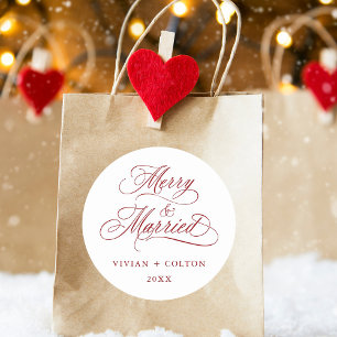 Red Merry & Married Newly Weds First Christmas Classic Round Sticker