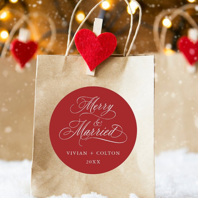 Red Merry & Married Newly Weds First Christmas  Classic Round Sticker (Creator Uploaded)