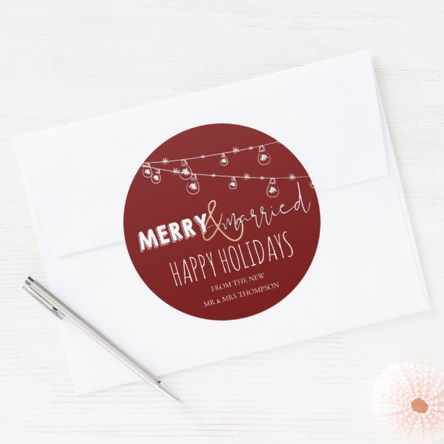 Red Merry & Married Newlywed Happy Holidays Classic Round Sticker (Envelope)