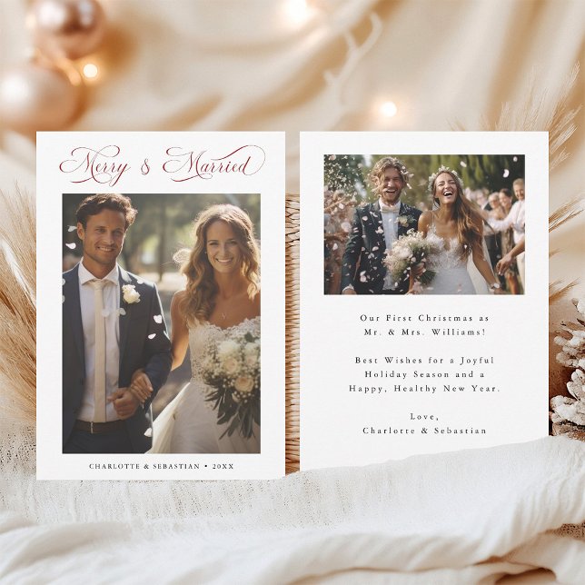 Red Merry & Married Romantic Script 2 Photo  Holiday Card (Front & Back)