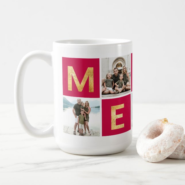 Red Merry Multi Photo Holiday Photo Mug (With Donut)