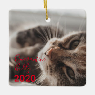 Red Merry Pawsmas Quarantine Buddy Cat Christmas Ceramic Ornament