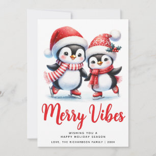Red Merry Vibes Ice Skating Penguins Christmas Holiday Card