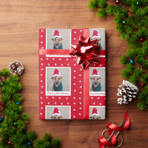 Red Merry Woofmas Personalised Pet Dog Photo Wrapping Paper