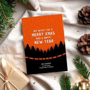 Red Merry Xmas with retro style forest and snow Card