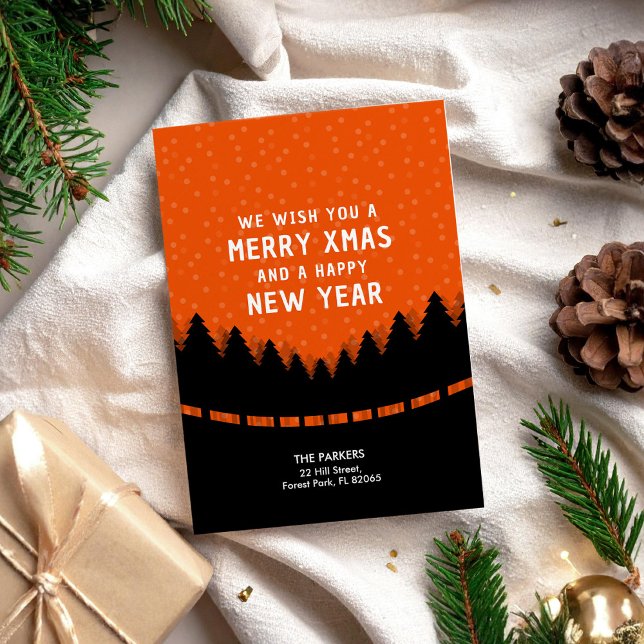 Red Merry Xmas with retro style forest and snow Card (Creator Uploaded)