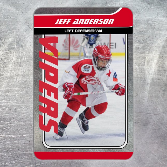 Red Metal Ice Hockey Trading Card Magnetic  Magnet (Ice Hockey Trading Card Magnet: Futuristic design, dynamic action. Perfect for young fans!)