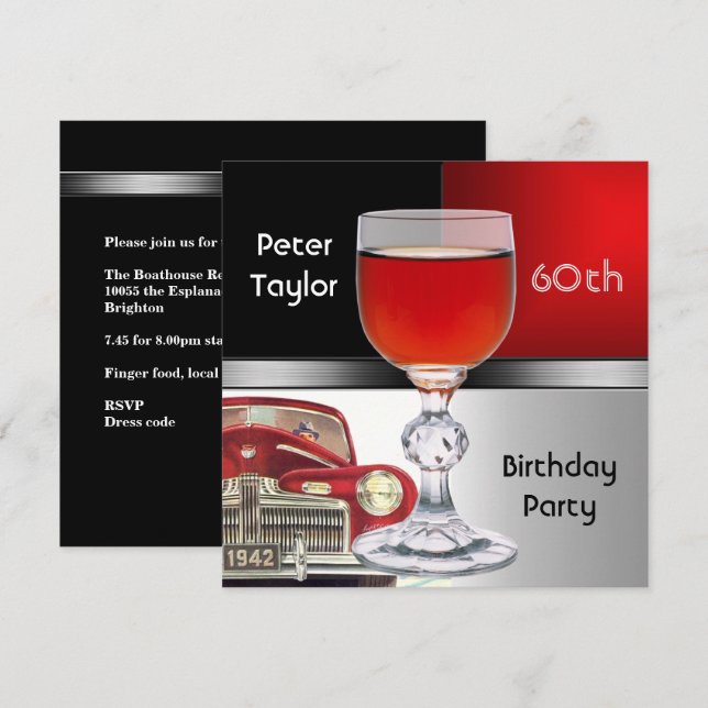 Red Metal Silver Red Car Mens 60th Birthday Man Invitation (Front/Back)