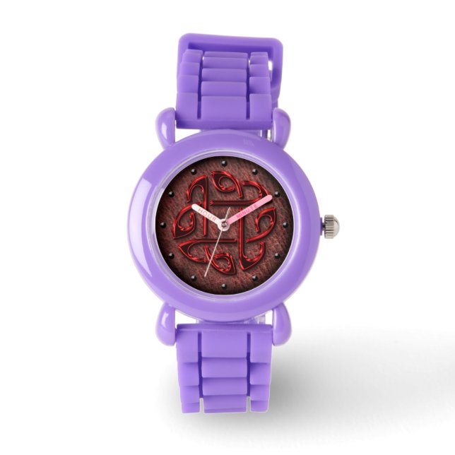 Red metallic celtic knot on leather digital art watch (Front)