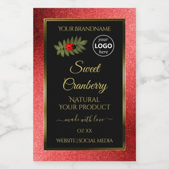 Red Metallic Glitter Black Product Labels Add Logo (Single Label)