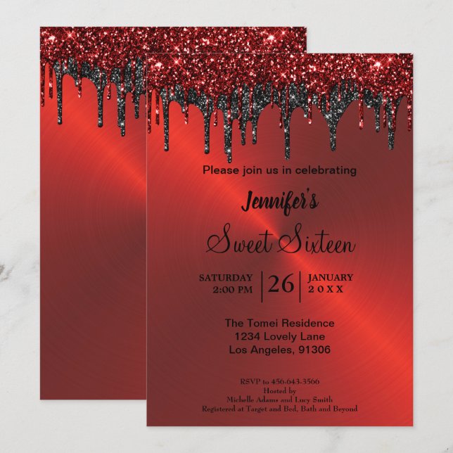 Red metallic glitter Sweet Sixteen Invitation (Front/Back)