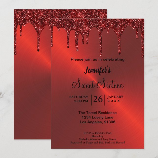 Red metallic glitter Sweet Sixteen Invitation (Front/Back)