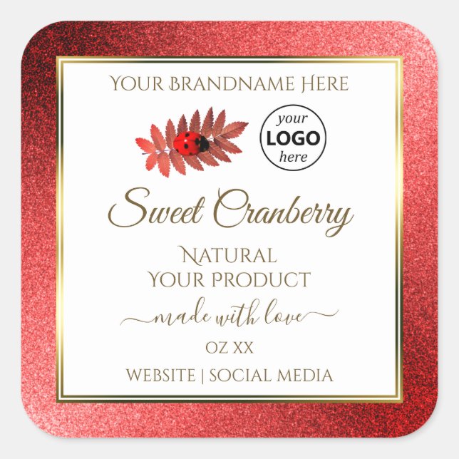 Red Metallic Glitter White Product Labels Add Logo (Front)