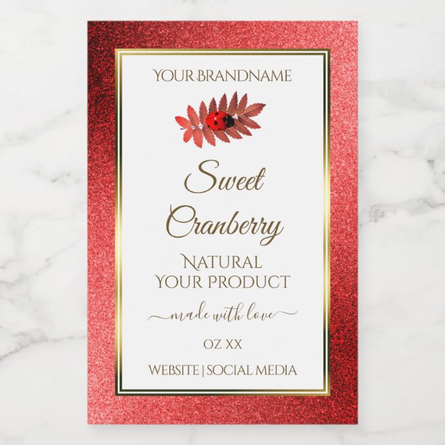 Red Metallic Glitter White Product Labels Ladybug (Single Label)
