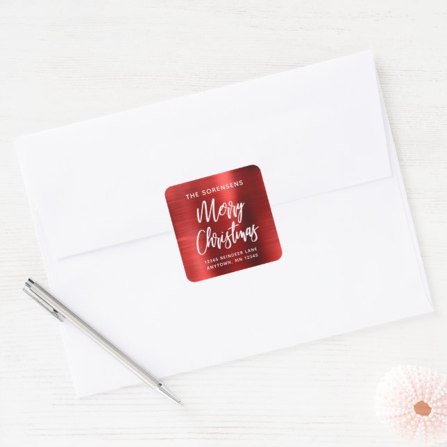Red Metallic Merry Christmas Return Address Square Sticker (Envelope)