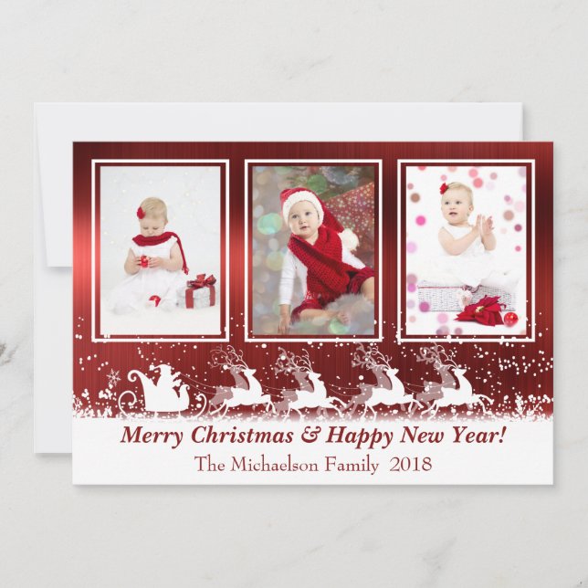 Red Metallic Santa Snow Photo Christmas Card (Front)