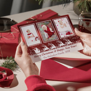 Red Metallic Santa Snow Photo Christmas Card