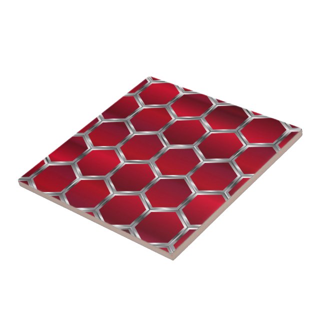 Red & Metallic Silver Octagons Pattern Tile (Side)