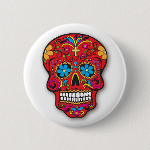 Red Mexican Sugar Skull Day of the Dead 6 Cm Round Badge