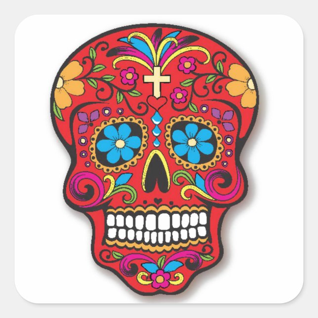 Red Mexican Sugar Skull Day of the Dead Square Sticker (Front)