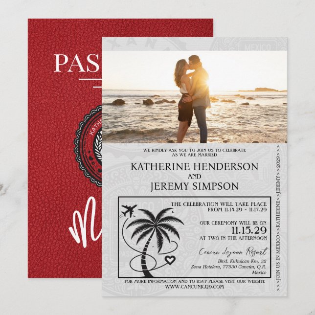 Red Mexico Passport Wedding Invitation (Front/Back)