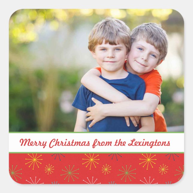 Red Mid Century Modern Atomic Christmas Photo Square Sticker (Front)