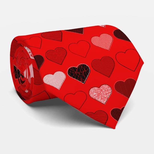 Red Mid Century Modern Hearts Tie (Rolled)