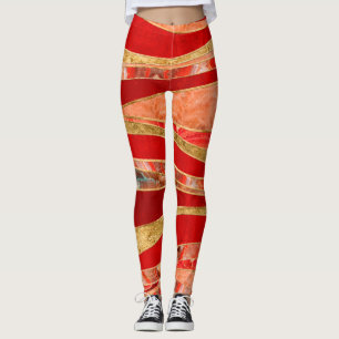 Red Minerals Gold Metallic Wavy Abstract Leggings
