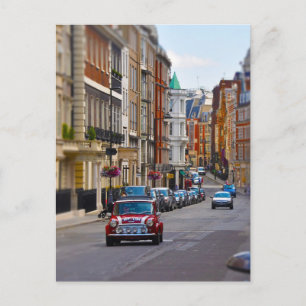 Red Mini Cooper car city scene postcard