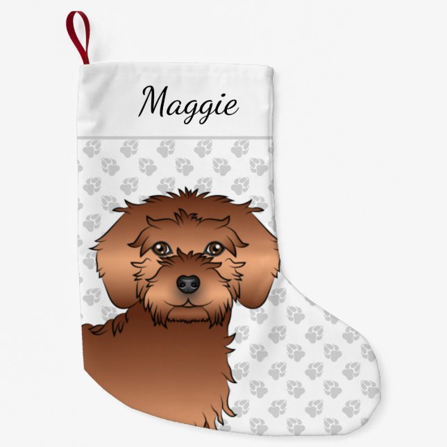 Red Mini Goldendoodle Cartoon Dog Head & Name Small Christmas Stocking (Front)