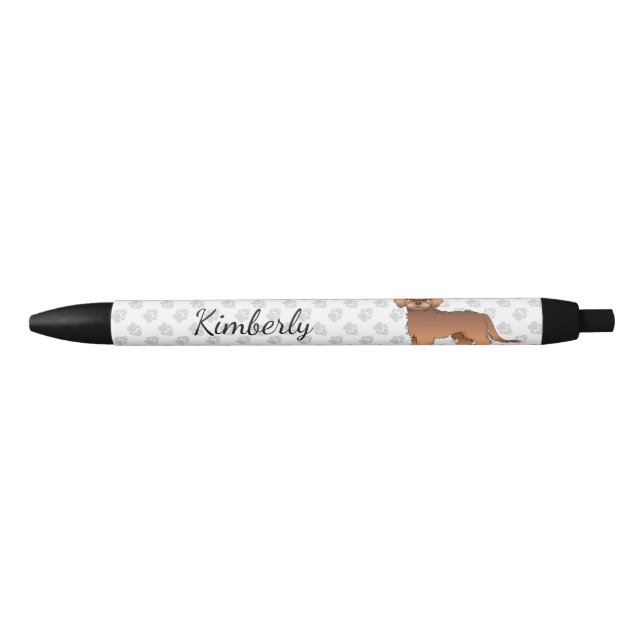 Red Mini Goldendoodle Cartoon Dog & Name Black Ink Pen (Front)