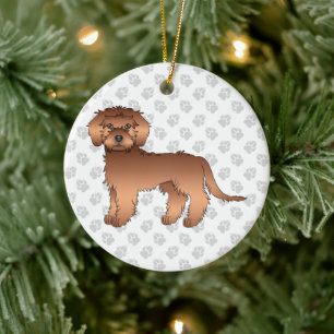 Red Mini Goldendoodle Cartoon Dog & Text Ceramic Tree Decoration
