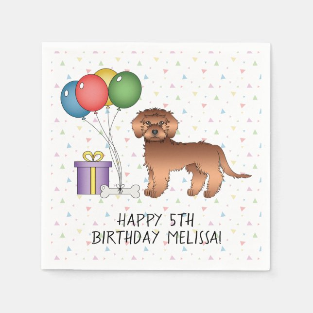 Red Mini Goldendoodle Cute Cartoon Dog Birthday Napkin (Front)