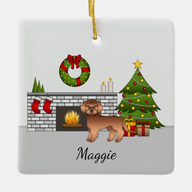 Red Mini Goldendoodle - Festive Christmas Room Ceramic Ornament (Front)