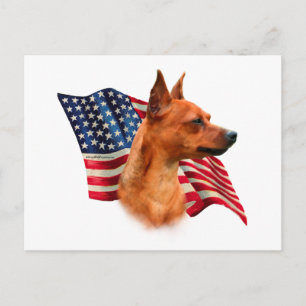 Red Miniature Pinscher American Flag; Min Pin Flag Postcard