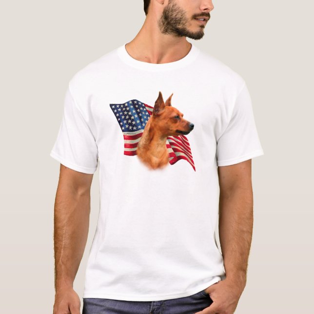 Red Miniature Pinscher American Flag; Min Pin Flag T-Shirt (Front)