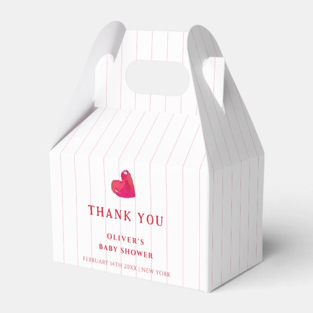 Red Minimal Heart Stripe Baby Shower Thank You Favour Box (Front Side)