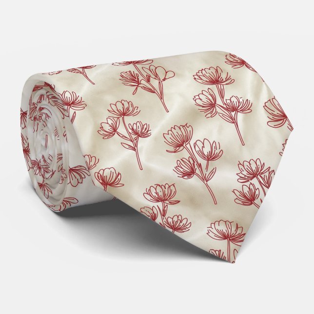 Red Minimal Line Floral Pattern Tie (Rolled)