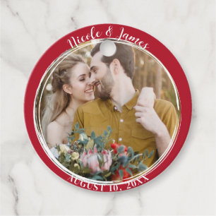 Red Minimal Trendy Round Photo Wedding  Favour Tags