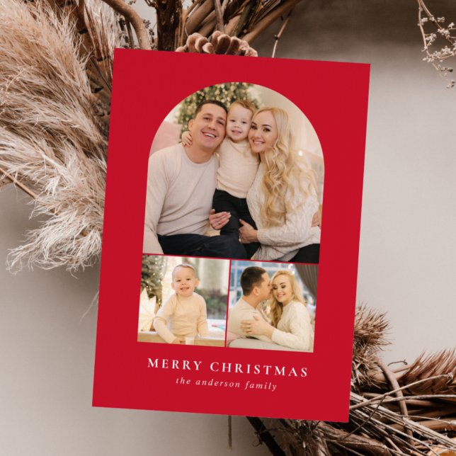 Red Minimalist Arch 3 Photo Holiday Card (Creator Uploaded)