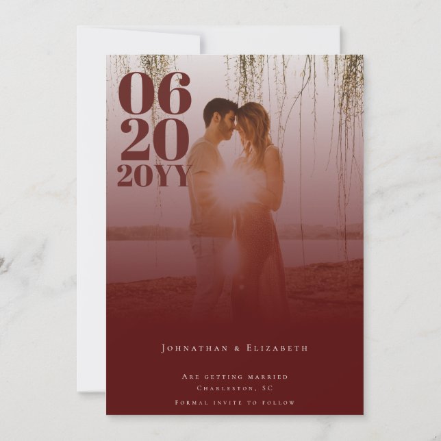 Red Minimalist Bold Type Photo Save The Date (Back)