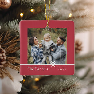 Red   Minimalist Bow Double Sided Photo Ceramic Ornament