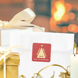 Red Minimalist Christmas Tree Name Square Sticker