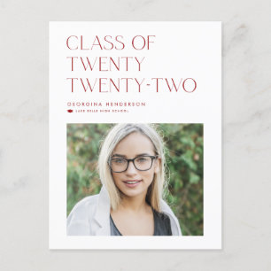 Red Minimalist Class of 2022 Photo Graduation Announcement Postcard