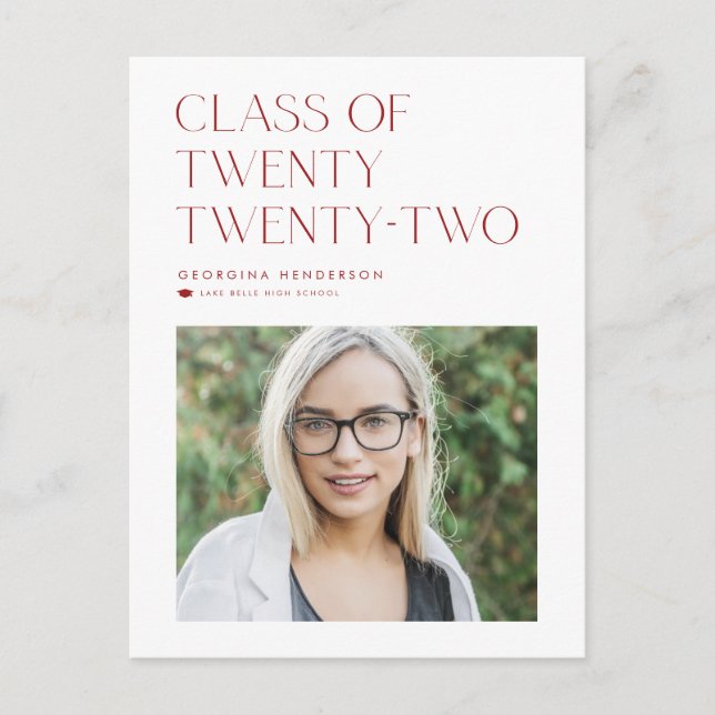 Red Minimalist Class of 2022 Photo Graduation Announcement Postcard (Front)