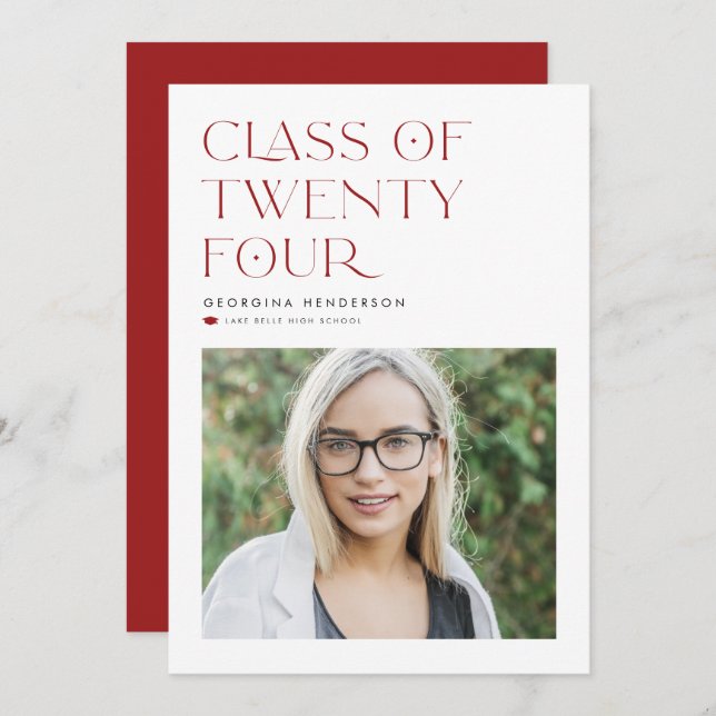 Red Minimalist Class of 2024 Photo Graduation Announcement (Front/Back)
