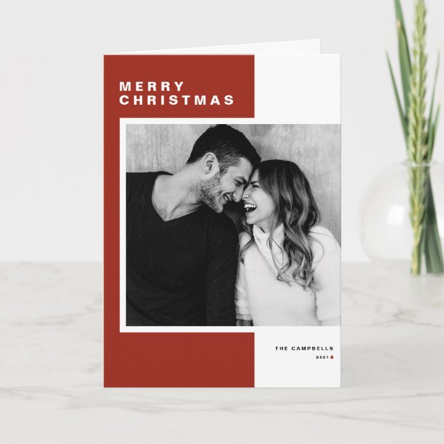 Red Minimalist Colour Block Merry Christmas Photo Holiday Card (Front)