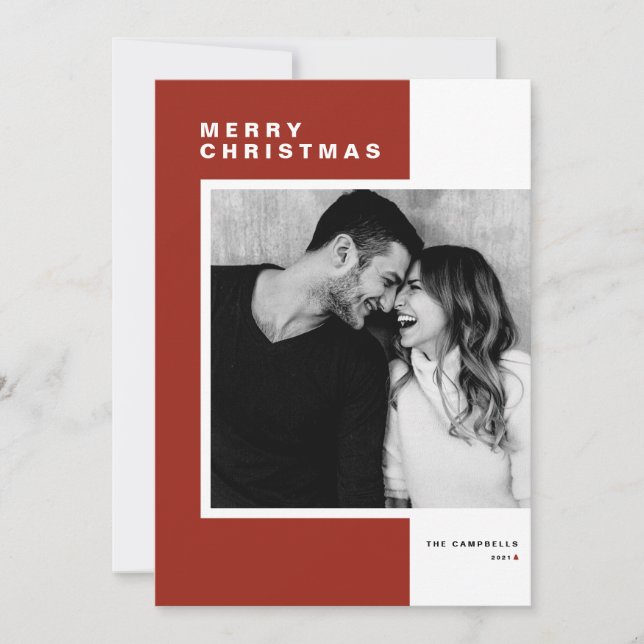 Red Minimalist Colour Block Merry Christmas Photo Holiday Card (Front)
