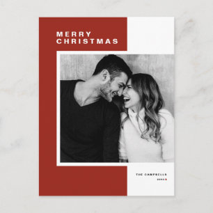 Red Minimalist Colour Block Merry Christmas Photo Holiday Postcard